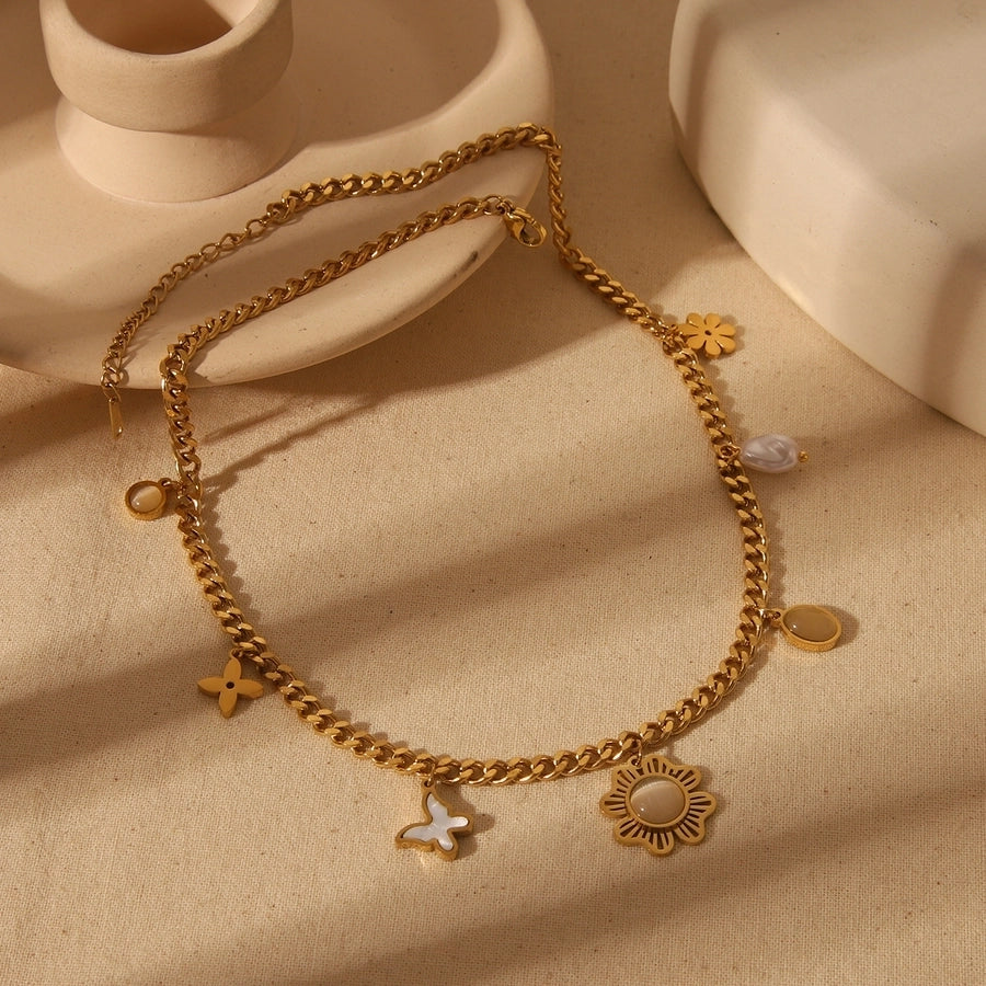 Jewelry IG Style Elegant Commute Solid Color Flower Butterfly 304 Stainless Steel Zircon 18K Gold Plated Plating Inlay Pendant Necklace