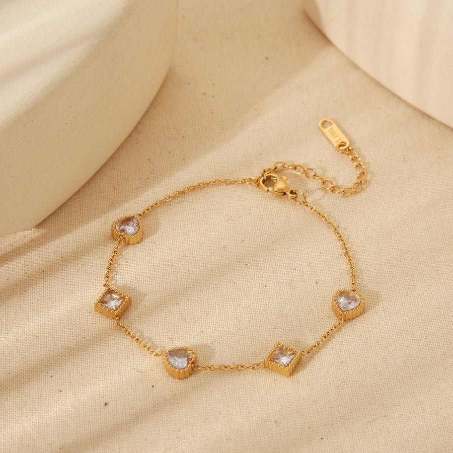 Jewelry Simple Style Commute Geometric Heart Shape Solid Color 304 Stainless Steel Zircon 18K Gold Plated Inlay Jewelry Set