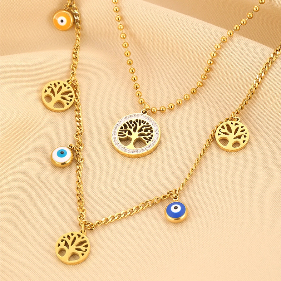 Jewelry Elegant Life Tree Eye 304 Stainless Steel Rhinestones Inlay Double Layer Necklaces