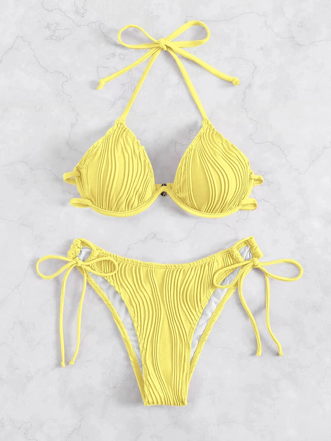 Women's Solid Color Stripe 2 Pieces Set Bikinis Swimwear