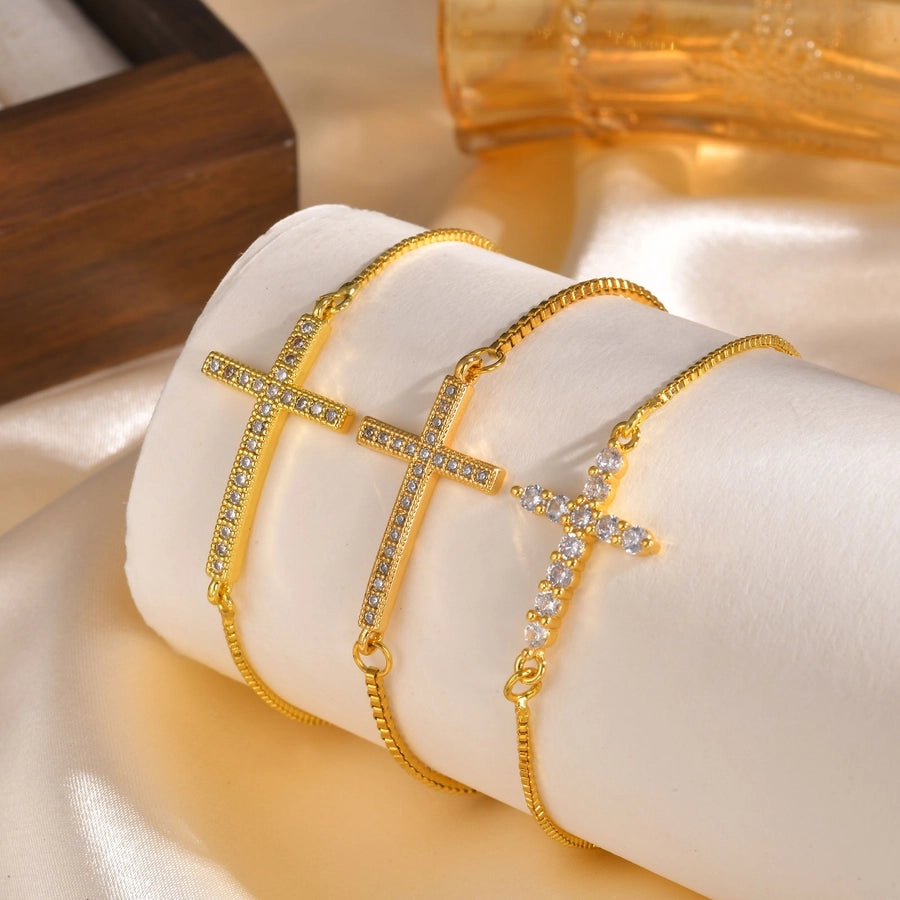 Jewelry IG Style Cross Copper Zircon 18K Gold Plated Inlay Bracelets