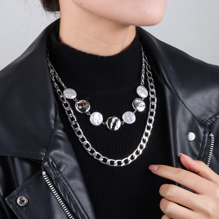 Retro Punk Geometric Alloy Beaded Chain Layered Necklaces