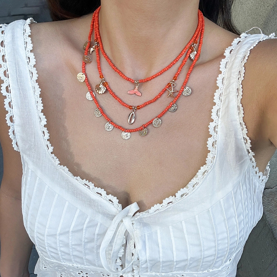 Vacation Pastoral Geometric Alloy Seed Bead Beaded Chain Layered Necklaces