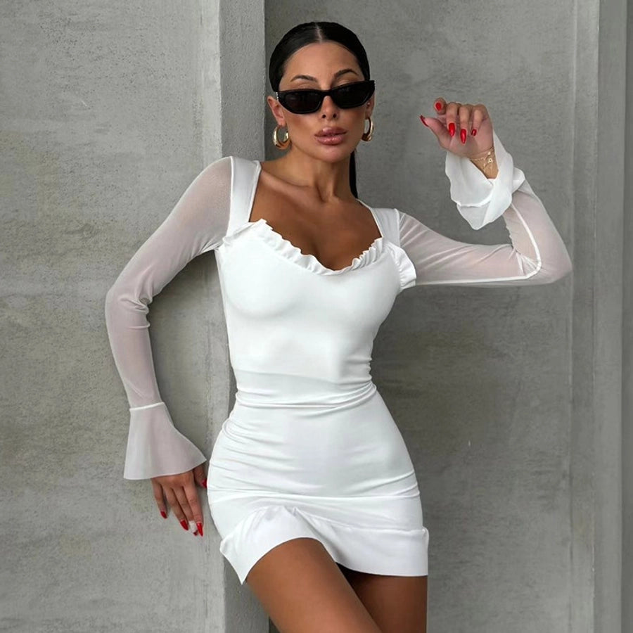 Women's Hip skirt Streetwear U Neck Ruffles Long Sleeve Solid Color Above Knee Holiday