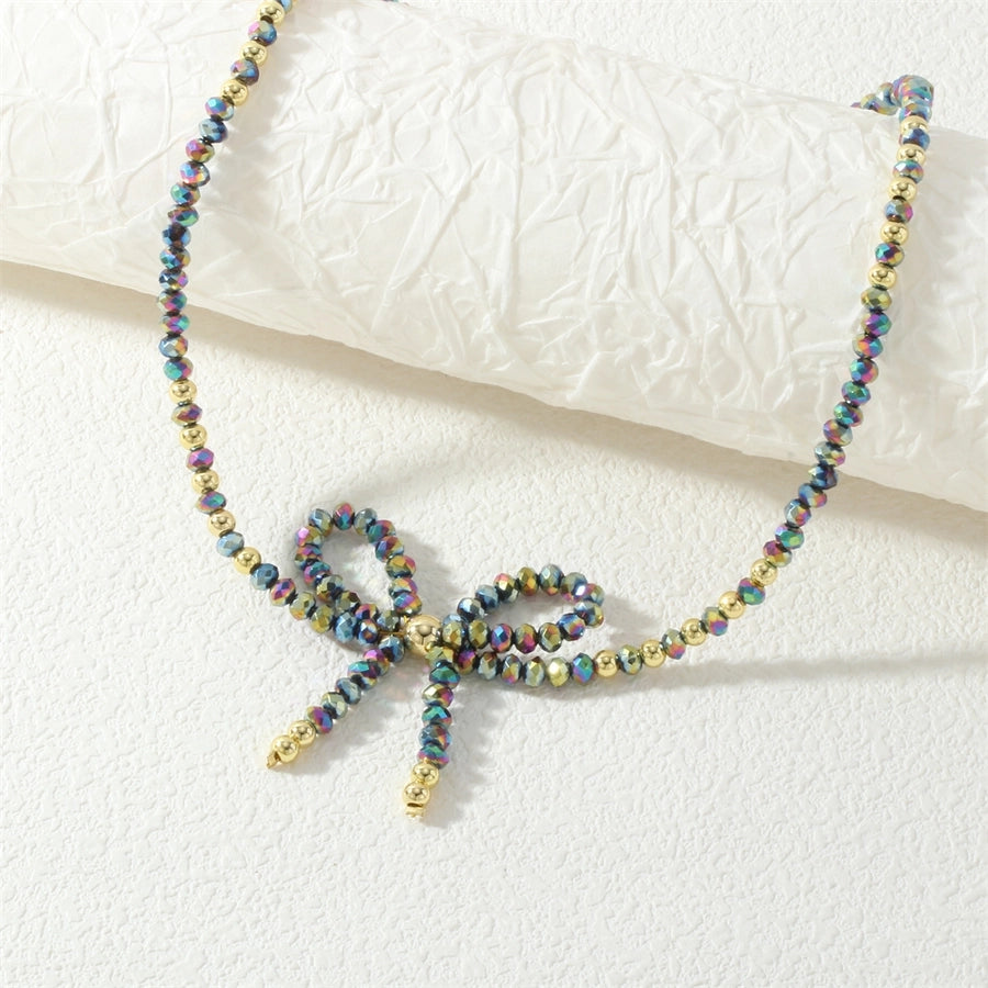 Cute Punk Lolita Bow Knot Glass Beaded Chain Beaded Necklaces