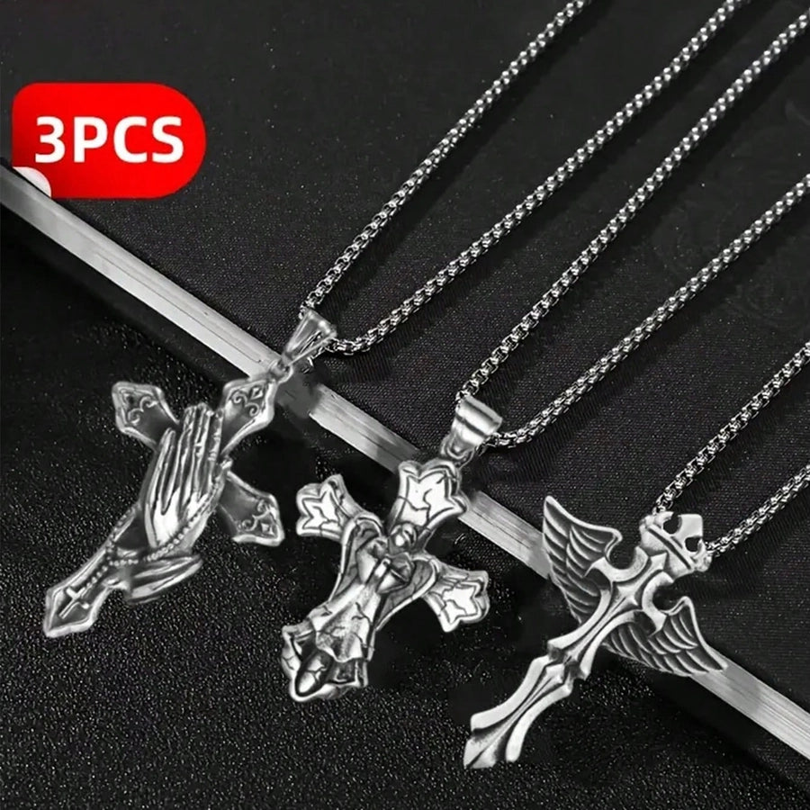 3PCs Men's Stainless Steel Necklace Suit Cross Pendant Necklace Suit Men's Gift Daily Wild Jewelry Suit