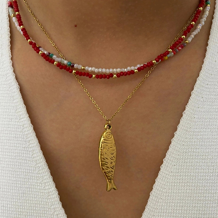 Casual Vintage Style Fish 18K Gold Plated 316L Stainless Steel  Arylic Beaded Chain Beaded Necklaces