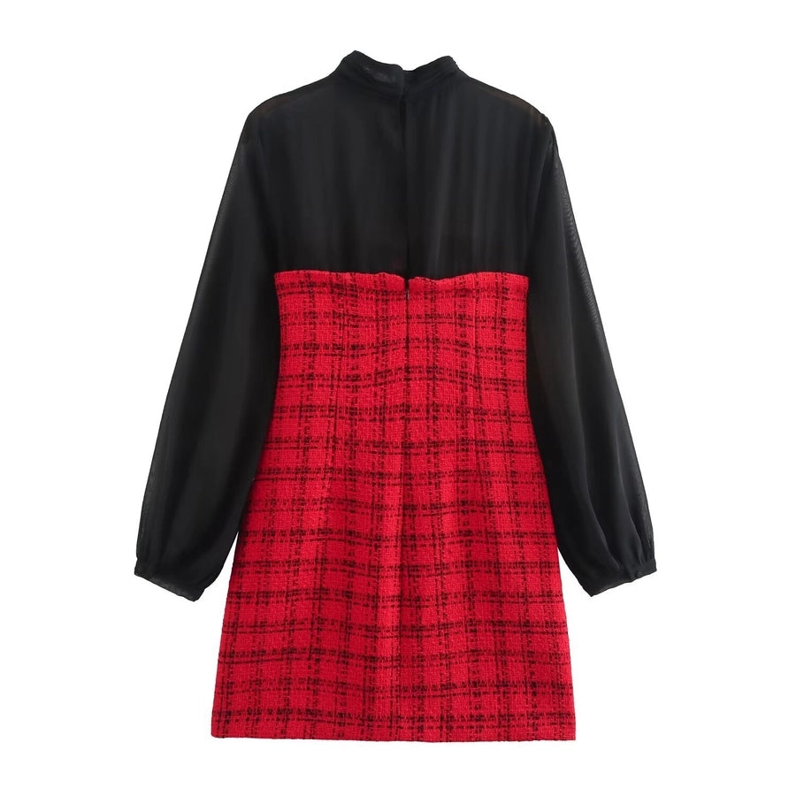 Women's Sheath Dress Elegant Sexy High Neck Lace Long Sleeve Color Block Plaid Above Knee Banquet Daily
