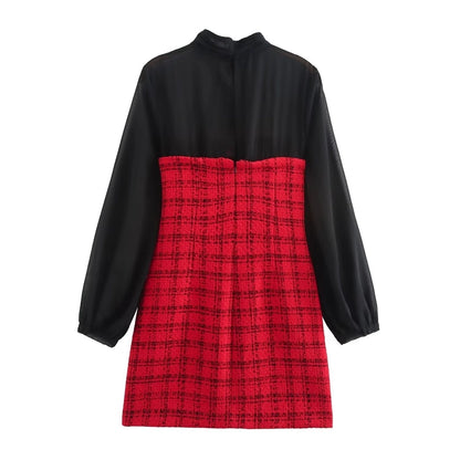 Women's Sheath Dress Elegant Sexy High Neck Lace Long Sleeve Color Block Plaid Above Knee Banquet Daily