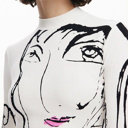 Women's A- Line Skirt Streetwear Round Neck Long Sleeve Portrait Lines Above Knee Daily