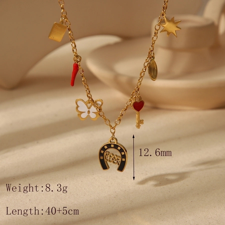 Jewelry Vintage Style Simple Style Artistic Elephant Butterfly Bow Knot 304 Stainless Steel Natural Stone 18K Gold Plated Epoxy Pendant Necklace