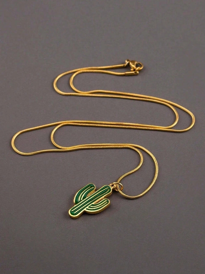 1Pc Men's Stainless Steel Gold Necklace Plant Green Cactus Pendant Necklace Unique Men's Gift Suitable for Daily Match Party Decoration Accessories