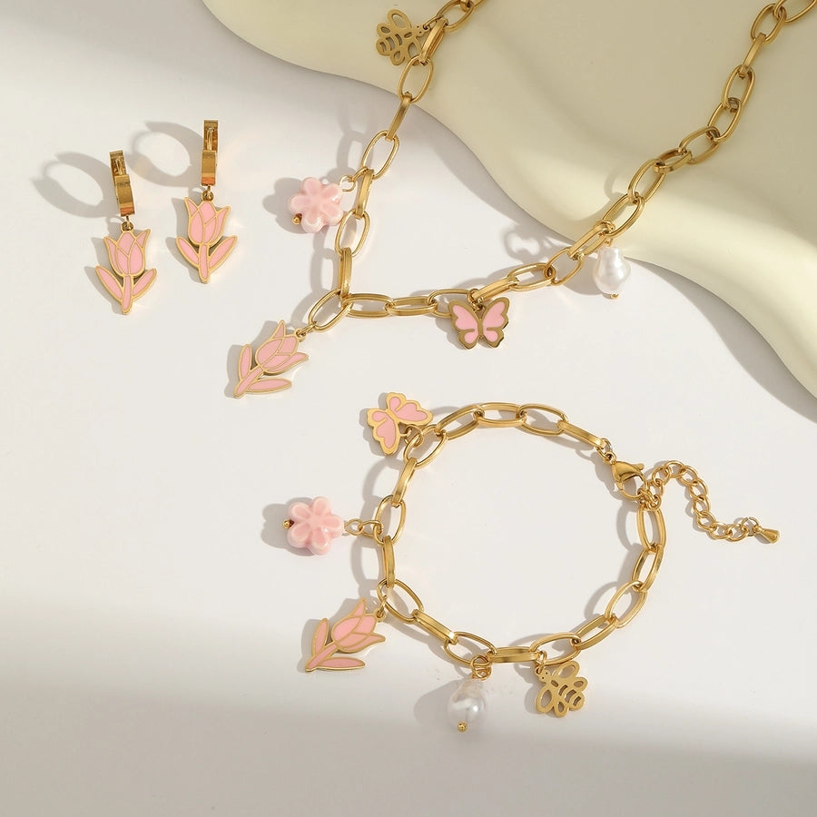 Jewelry Sweet Simple Style Flower Butterfly 304 Stainless Steel Imitation Pearl 18K Gold Plated Enamel Jewelry Set