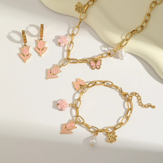 Jewelry Sweet Simple Style Flower Butterfly 304 Stainless Steel Imitation Pearl 18K Gold Plated Enamel Jewelry Set