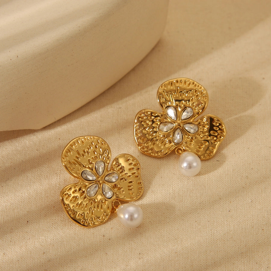 1 Pair Vintage Style Flower Plating Inlay 304 Stainless Steel Imitation Pearl Zircon 18K Gold Plated Ear Studs