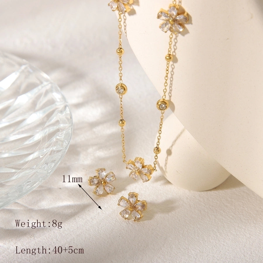 Jewelry Simple Style Commute Flower 304 Stainless Steel Zircon 18K Gold Plated Jewelry Set