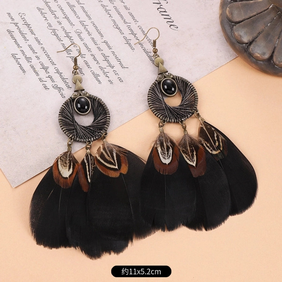 1 Pair Vintage Style Geometric Tassel Alloy Feather Drop Earrings