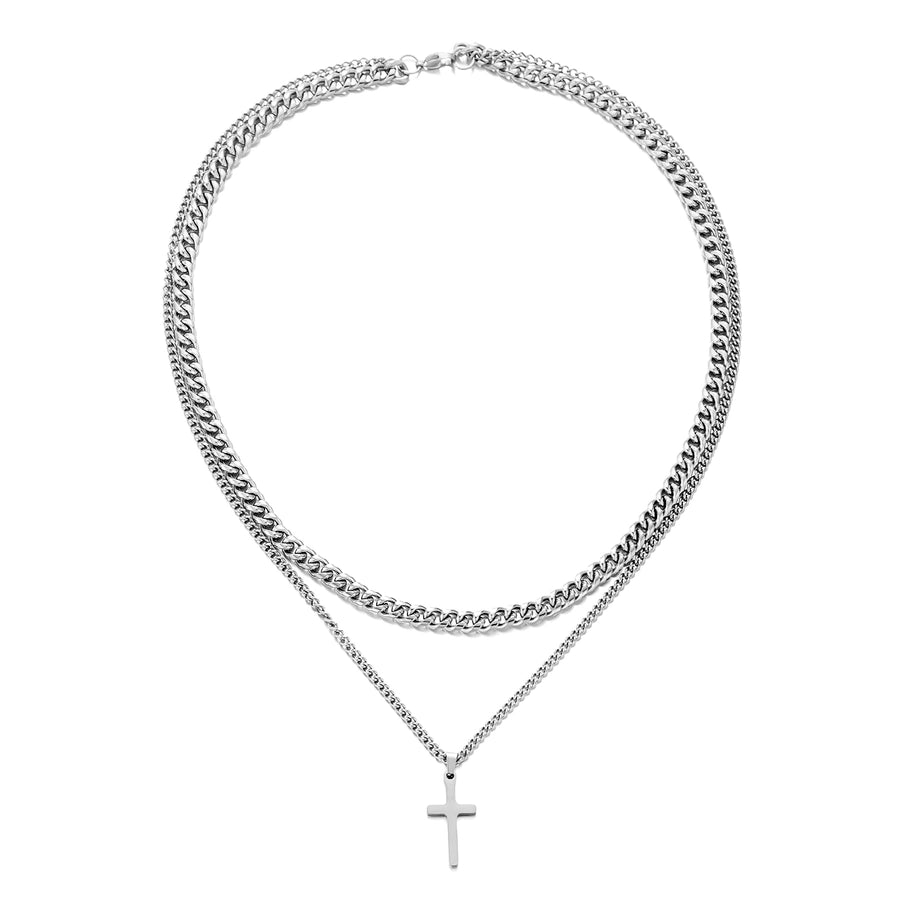 Hip-Hop Cross 201 Stainless Steel Men's Double Layer Necklaces