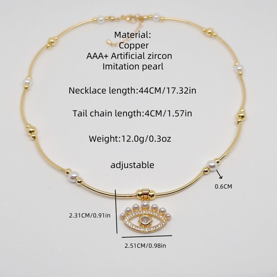 Jewelry Retro Eye Dragonfly Copper Pearl Zircon 18K Gold Plated Plating Inlay Pendant Necklace