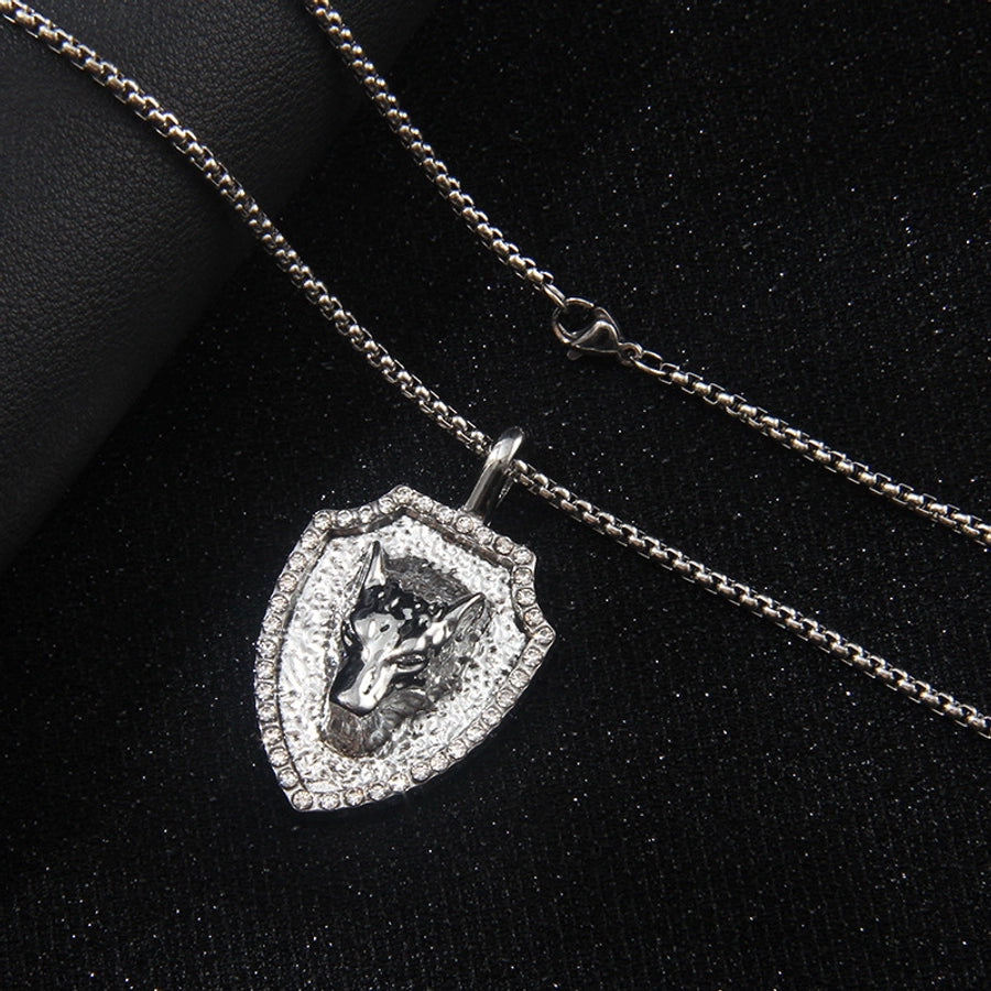 Hip-Hop Geometric Lion Wolf 201 Stainless Steel Alloy Inlay Rhinestones Unisex Pendant Necklace