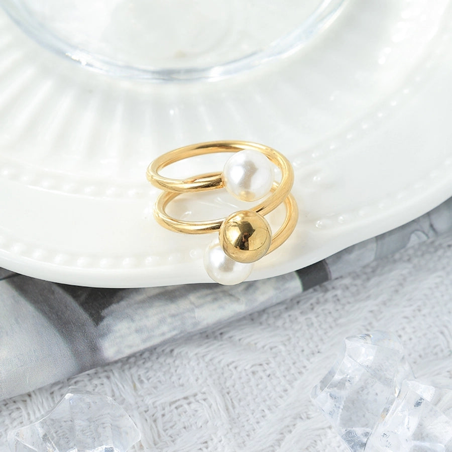 Jewelry Casual Classic Style Commute Round 304 Stainless Steel Pearl 14K Gold Plated Rings