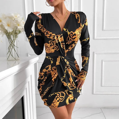 Women's Sheath Dress Vintage Style V Neck Zipper Long Sleeve chain Above Knee Travel