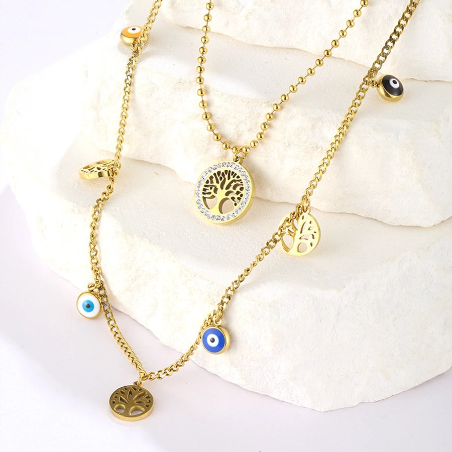 Jewelry Elegant Life Tree Eye 304 Stainless Steel Rhinestones Inlay Double Layer Necklaces