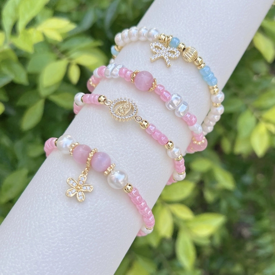 Sweet Flower Butterfly Bow Knot 18K Gold Plated Zircon Imitation Pearl Copper ball chain Beaded Bracelets