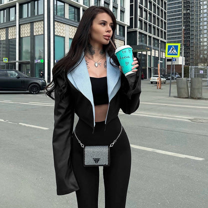 Women's Streetwear Color Block Zipper Coat Casual Jacket