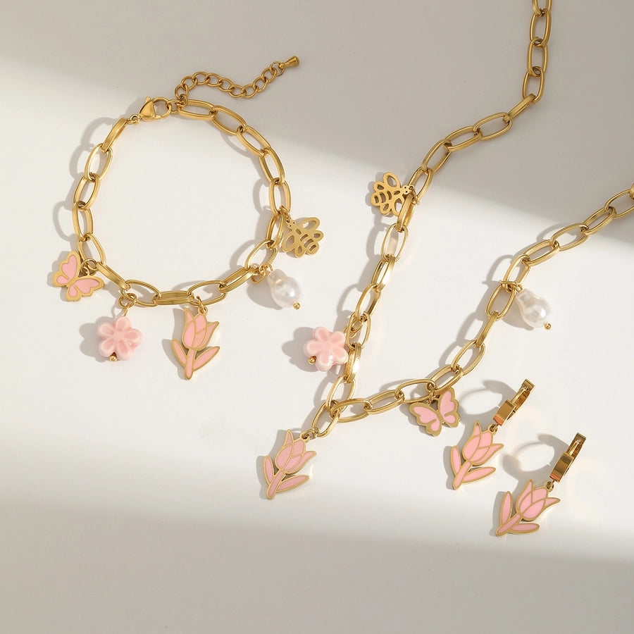 Jewelry Sweet Simple Style Flower Butterfly 304 Stainless Steel Imitation Pearl 18K Gold Plated Enamel Jewelry Set