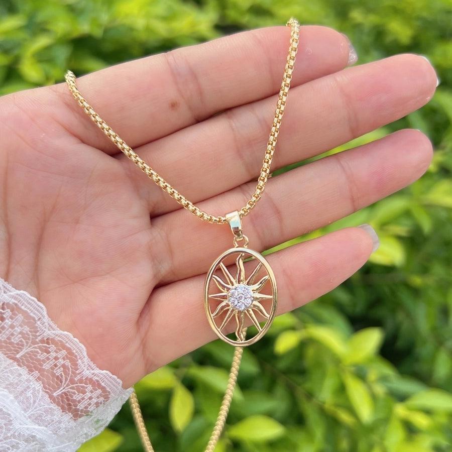 Jewelry IG Style Geometric Sun Copper Zircon 18K Gold Plated Plating Inlay Pendant Necklace