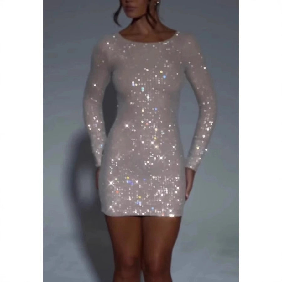 Women's Party Dress Elegant Round Neck Sequins Long Sleeve Grid Maxi Long Dress Banquet