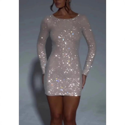 Women's Party Dress Elegant Round Neck Sequins Long Sleeve Grid Maxi Long Dress Banquet