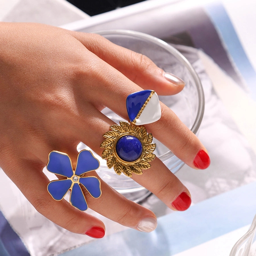 Jewelry Preppy Style Sweet Pastoral Flower Rhombus 304 Stainless Steel Zircon 14K Gold Plated Enamel Open Rings