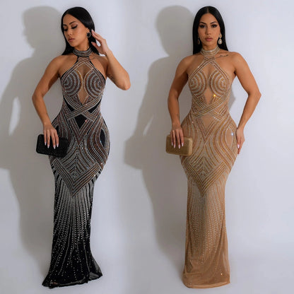 Women's Sheath Dress Elegant Halter Neck Sleeveless Solid Color Maxi Long Dress Cocktail Party
