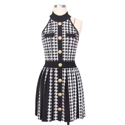 Women's Sheath Dress Elegant Round Neck Button Sleeveless Houndstooth Above Knee Daily