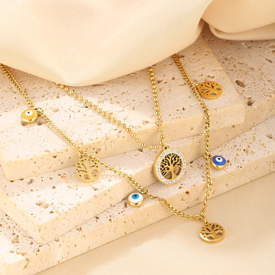 Jewelry Elegant Life Tree Eye 304 Stainless Steel Rhinestones Inlay Double Layer Necklaces