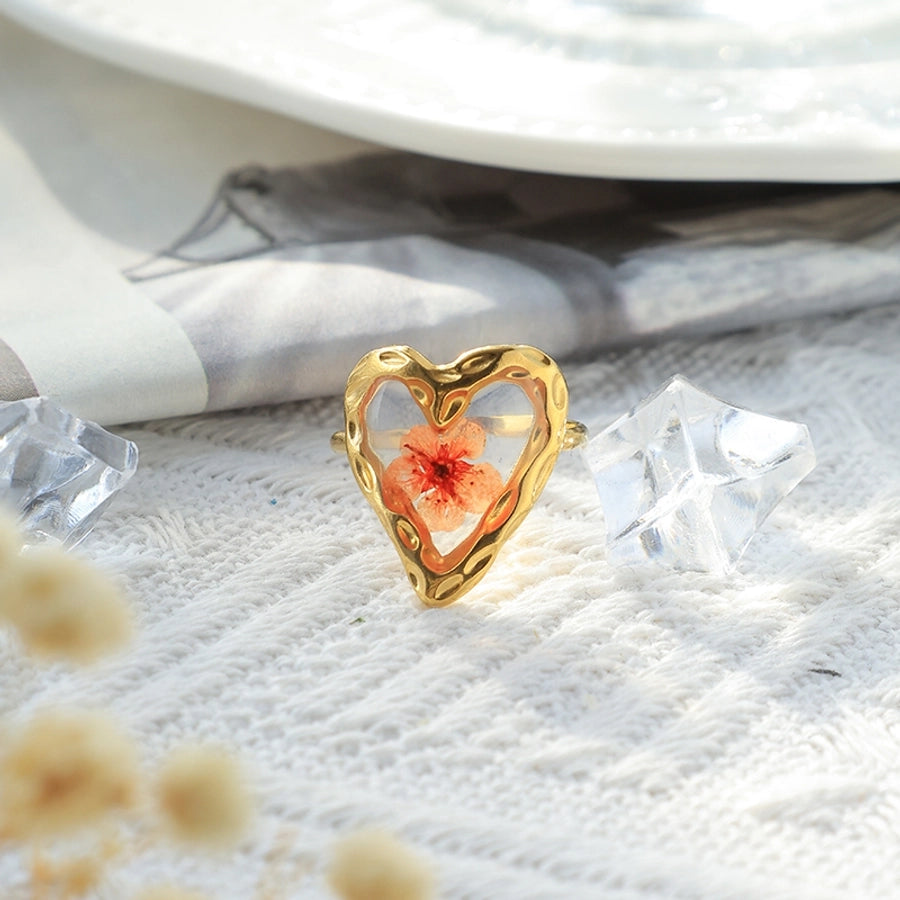 Jewelry French Style Sweet Commute Heart Shape Flower 304 Stainless Steel 14K Gold Plated Open Rings