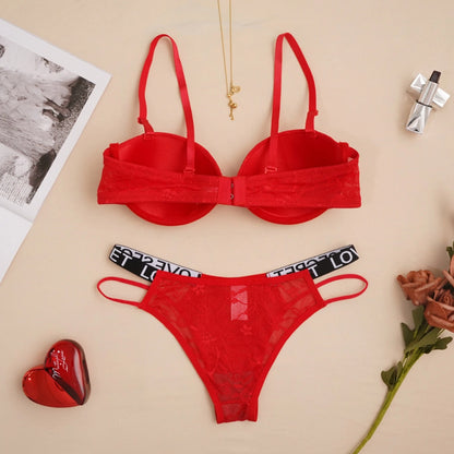Solid Color Sexy Back Beauty Gather Bra&Panty Set