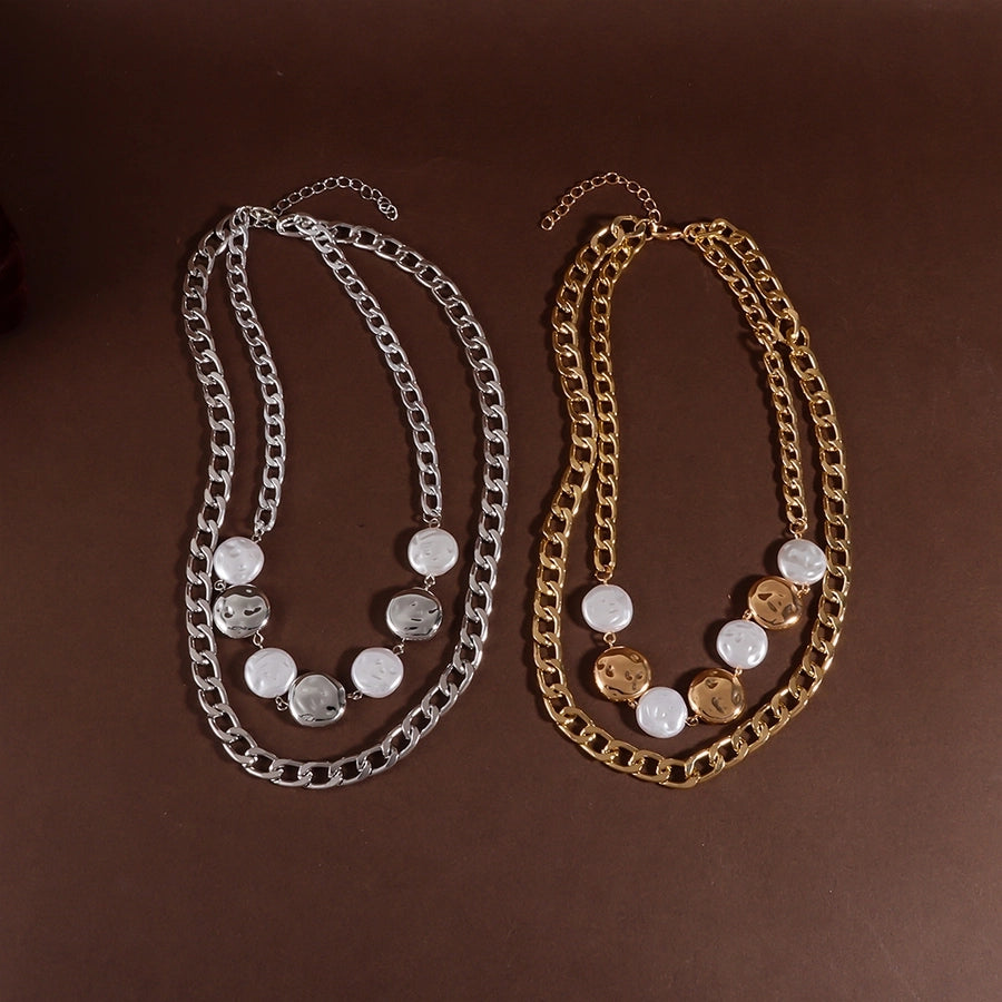 Retro Punk Geometric Alloy Beaded Chain Layered Necklaces