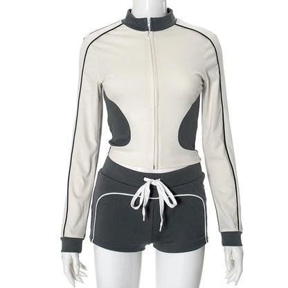 Daily Women's Streetwear Contrast Collar Spandex Polyester Twilled Satin Shorts Sets Shorts Sets