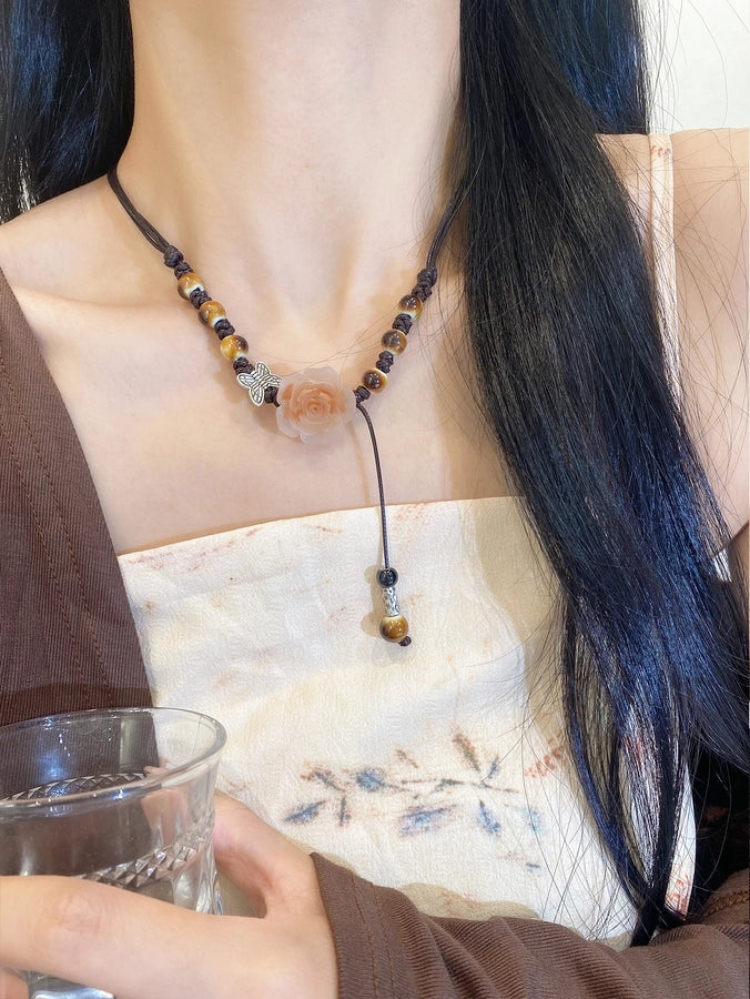 Retro Sweet Flower Synthetic Resin Fabric ceramics  Pendant Necklaces