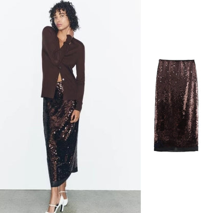 Spring Autumn Streetwear Glittery Solid Color Spandex Polyester Midi Dress Skirts
