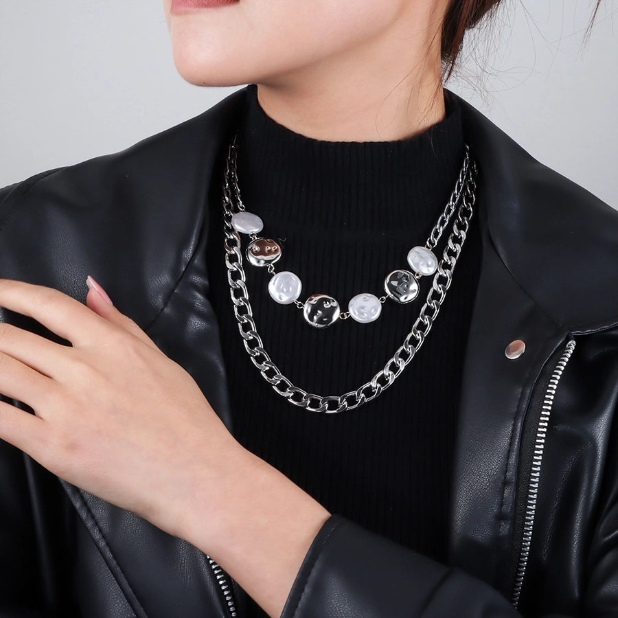 Retro Punk Geometric Alloy Beaded Chain Layered Necklaces