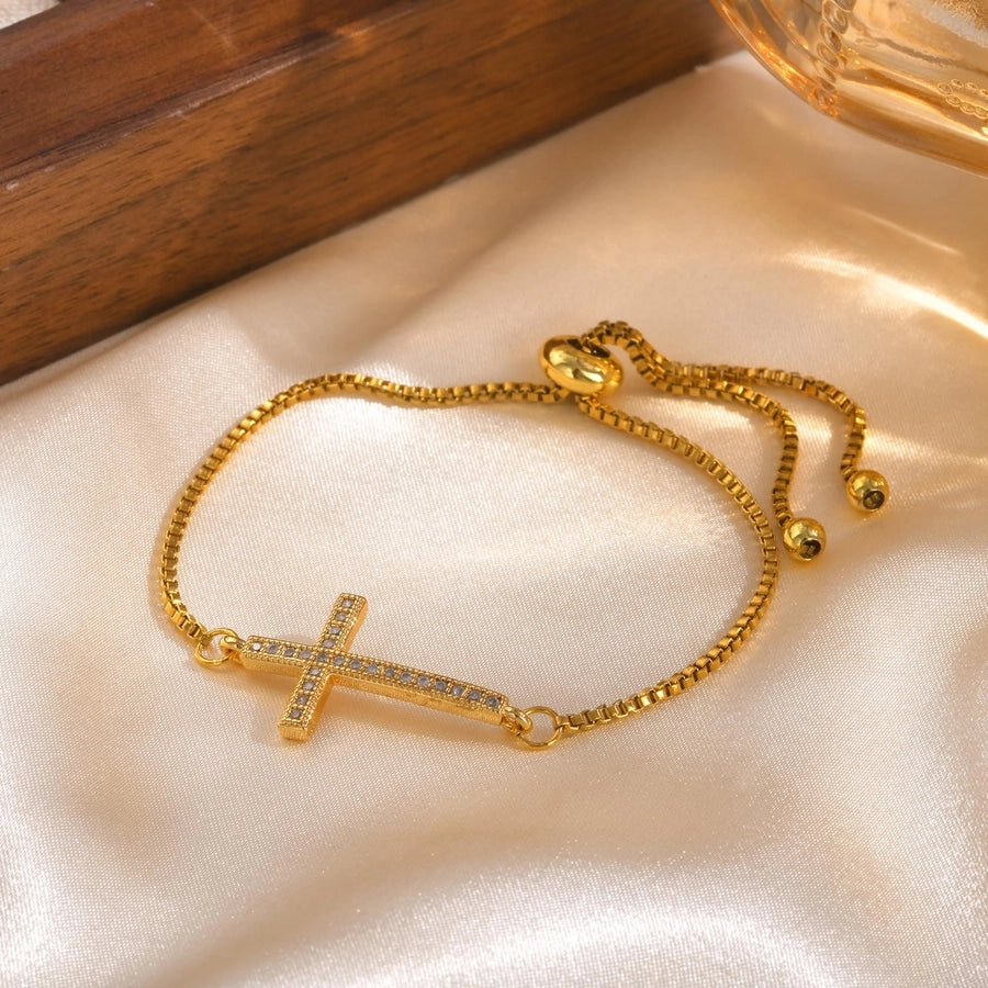 Jewelry IG Style Cross Copper Zircon 18K Gold Plated Inlay Bracelets