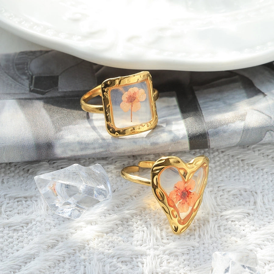 Jewelry French Style Sweet Commute Heart Shape Flower 304 Stainless Steel 14K Gold Plated Open Rings