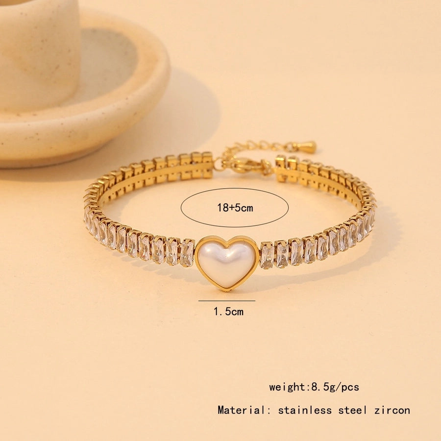 Retro Formal Classic Style Heart Shape 304 Stainless Steel 18K Gold Plated Acrylic Zircon Bangle In Bulk Stainless Steel Bracelets