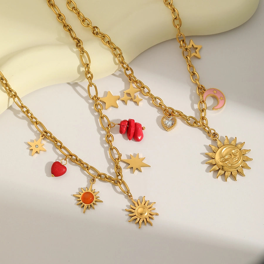 Jewelry Vintage Style Luxurious Classic Style Sun Moon 304 Stainless Steel Natural Stone Zircon 18K Gold Plated Inlay Pendant Necklace