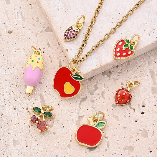 1 Pc/Package 11.5x10mm 12x9mm 13.5x11.5mm Hole 3~3.9mm Copper Zircon 18K Gold Plated Cherry Apple Strawberry Polished Pendant Jewelry Accessories