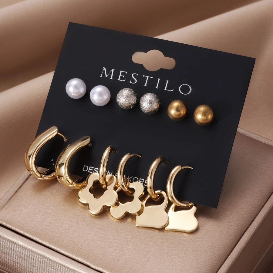 6 Pairs Simple Style Heart Shape Flower Alloy Earrings Ear Studs